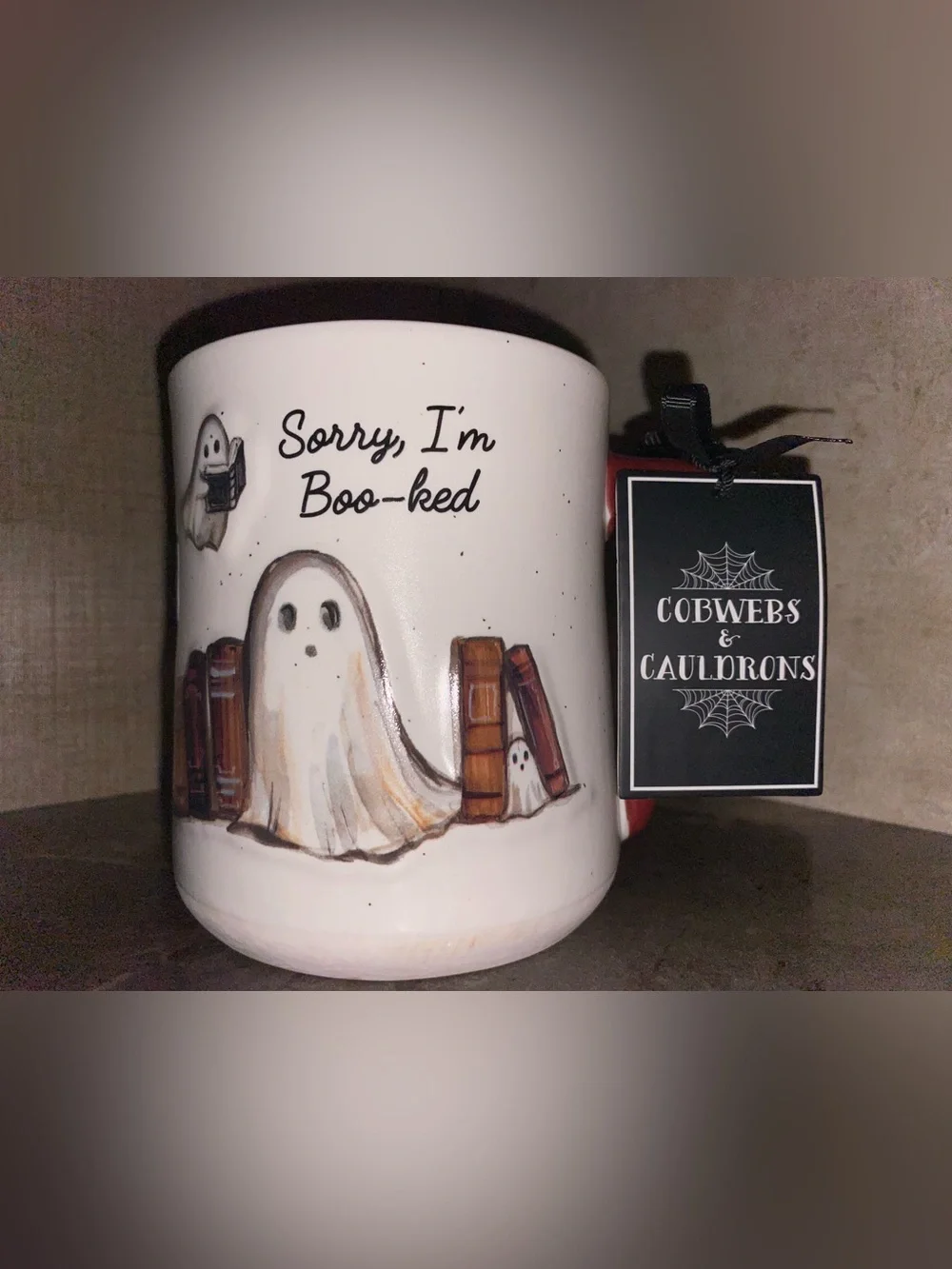 Sorry I'm Boo-ked Halloween Ghost Mug - White with Brown Accents
